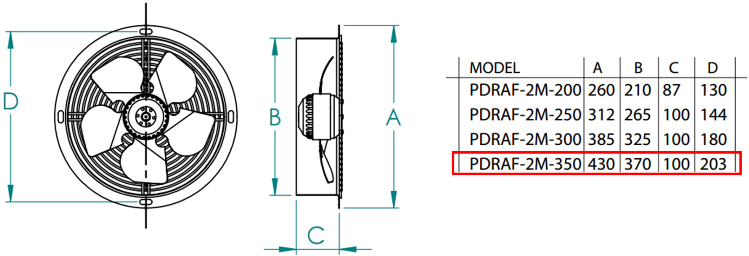 FANEX PDRAF-2M-350 3000 D/D 230 Volt Monofaze Dıştan Rotorlu Aksiyal Aspiratör Teknik Çizimi ve Ölçüleri Tablosu